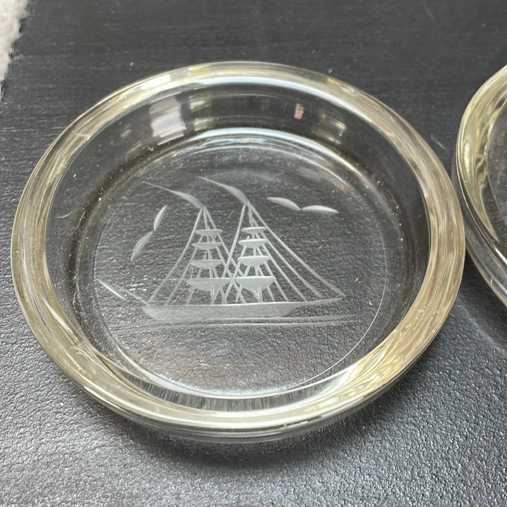 Set of 2 WILLIAMS SONOMA ETCHED SHIP Sails BAR GLASS DRINK COASTER BARWARE